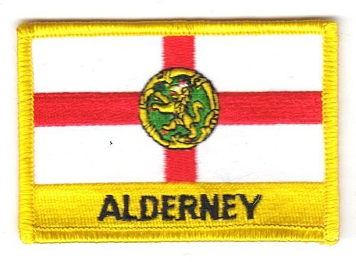 Fahnen Aufnäher Alderney Schrift